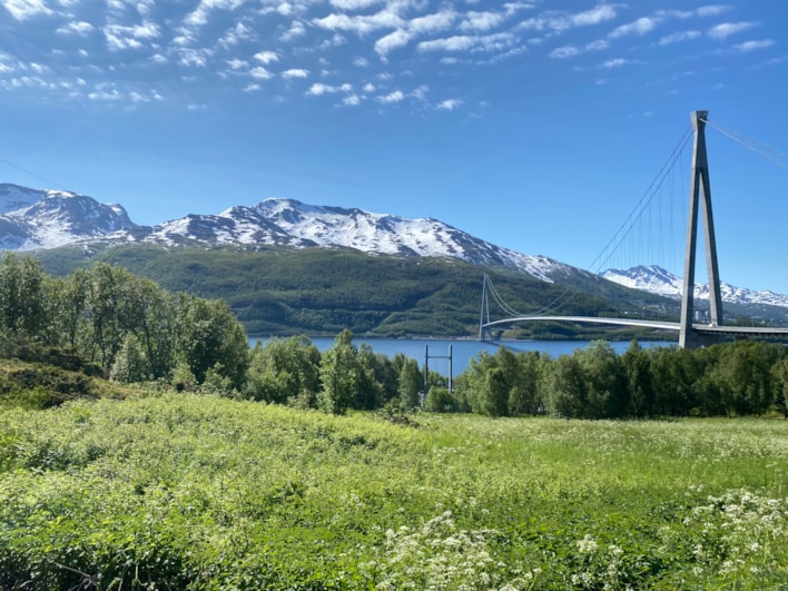 Bro, gress, fjell, sjø